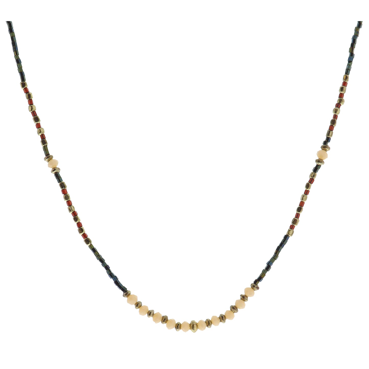 Dark Green, Gold, Maroon, Champagne Beaded with Champagne Faceted Beaded Portion Necklace