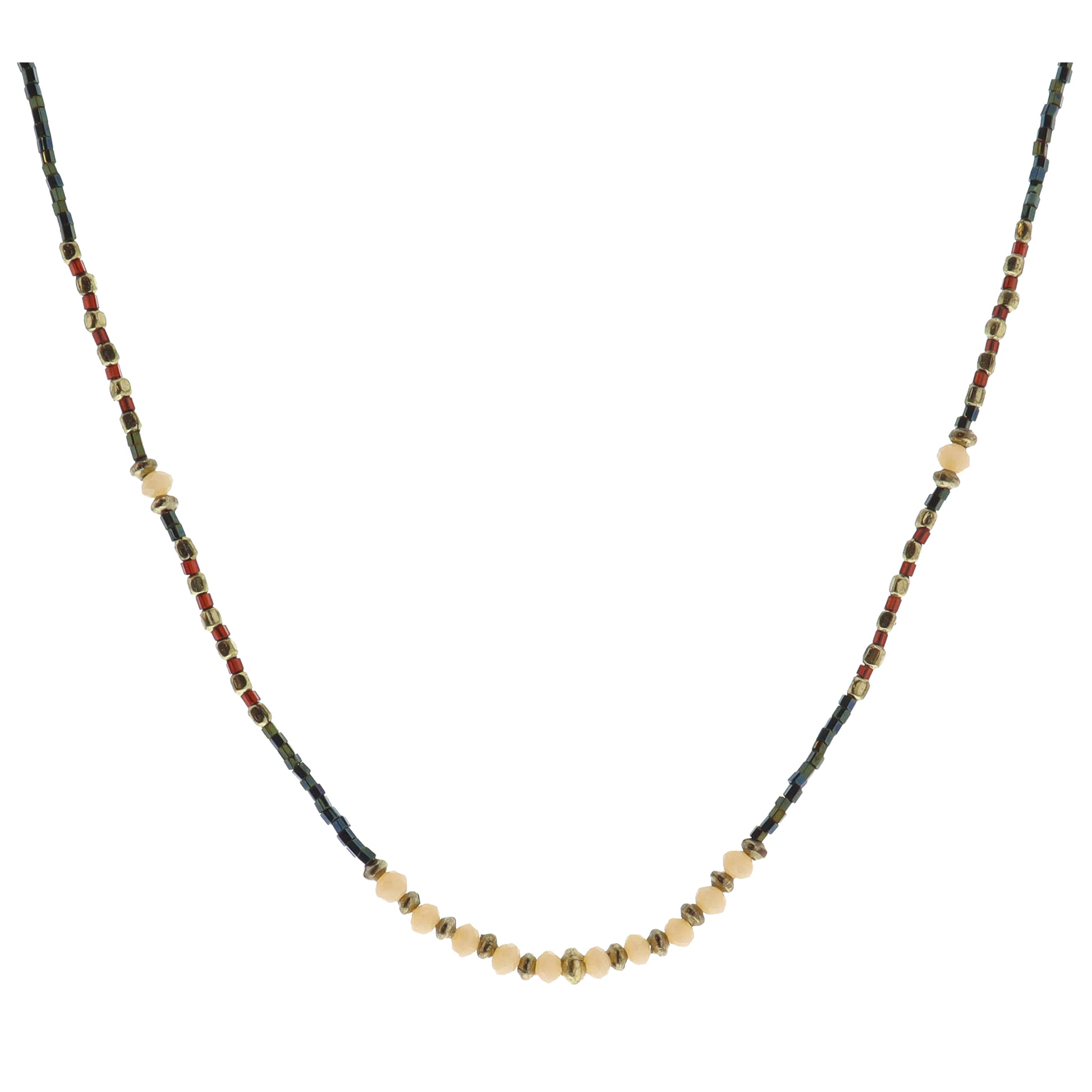 Dark Green, Gold, Maroon, Champagne Beaded with Champagne Faceted Beaded Portion Necklace