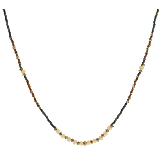 Dark Green, Gold, Maroon, Champagne Beaded with Champagne Faceted Beaded Portion Necklace