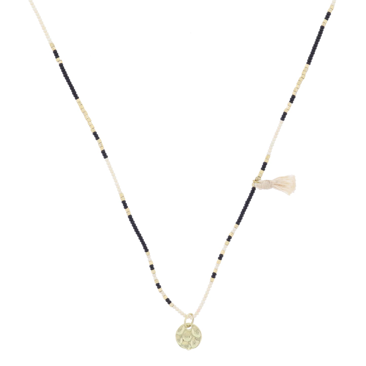 Ivory, Gold, Black Beaded with Ivory Tassel and Gold Disc Necklace