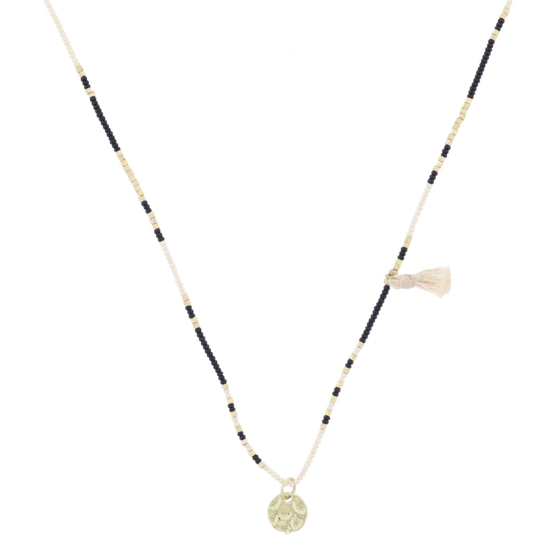 Ivory, Gold, Black Beaded with Ivory Tassel and Gold Disc Necklace