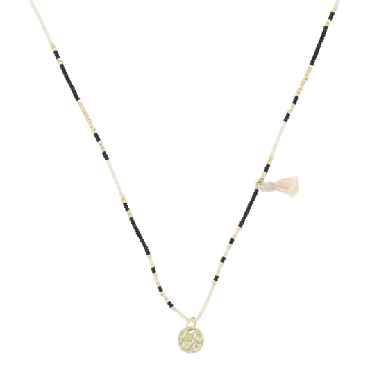 Ivory, Gold, Black Beaded with Ivory Tassel and Gold Disc Necklace