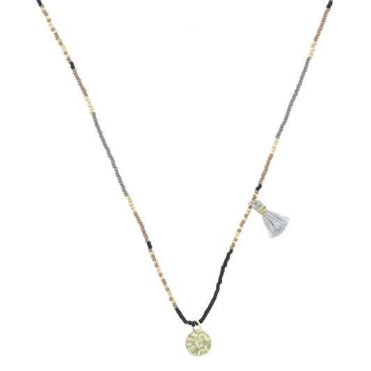 Gold, Taupe, Black, Grey Beaded with Grey Tassel and Gold Disc Necklace