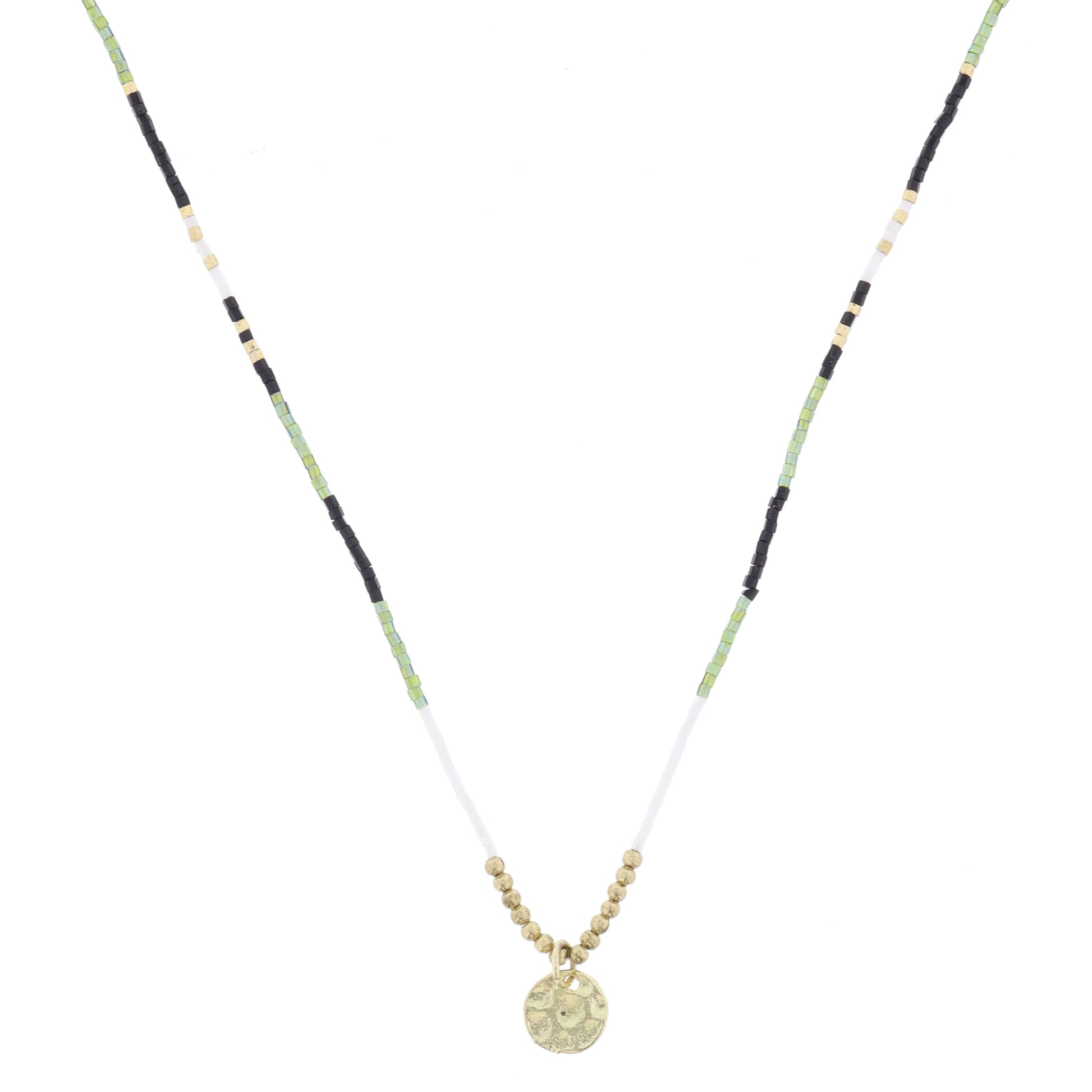 Black, Green, Gold, White Beaded with Gold Disc Necklace