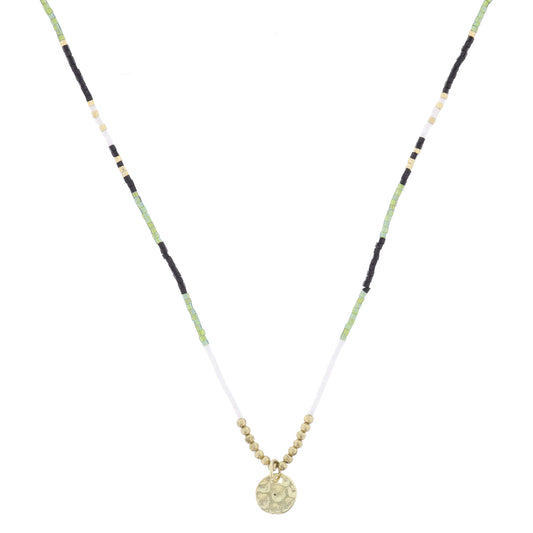 Black, Green, Gold, White Beaded with Gold Disc Necklace