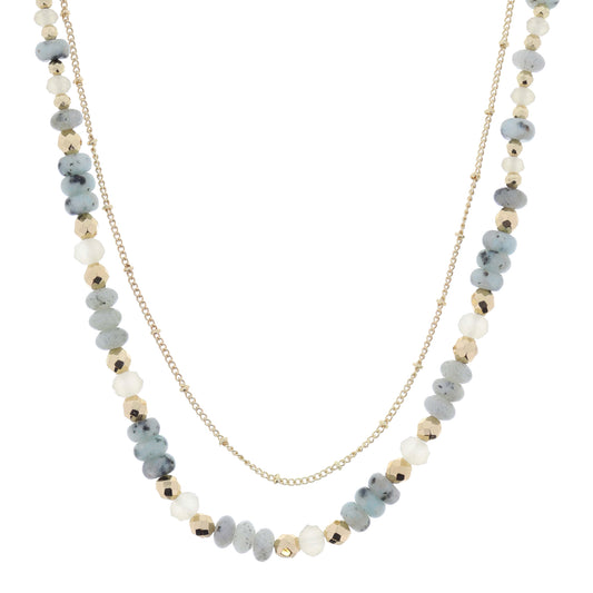 2 Strand, Dainty Gold Chain, Kiwi with Gold and Natural Faceted Bead Accents Necklace