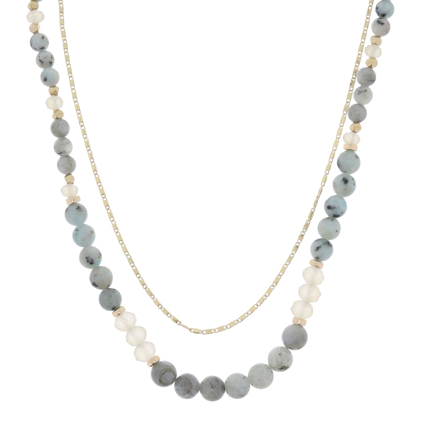 2 Strand, Dainty Gold Chain, Kiwi with Natural Faceted and Gold Bead Accents Necklace