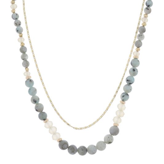 2 Strand, Dainty Gold Chain, Kiwi with Natural Faceted and Gold Bead Accents Necklace