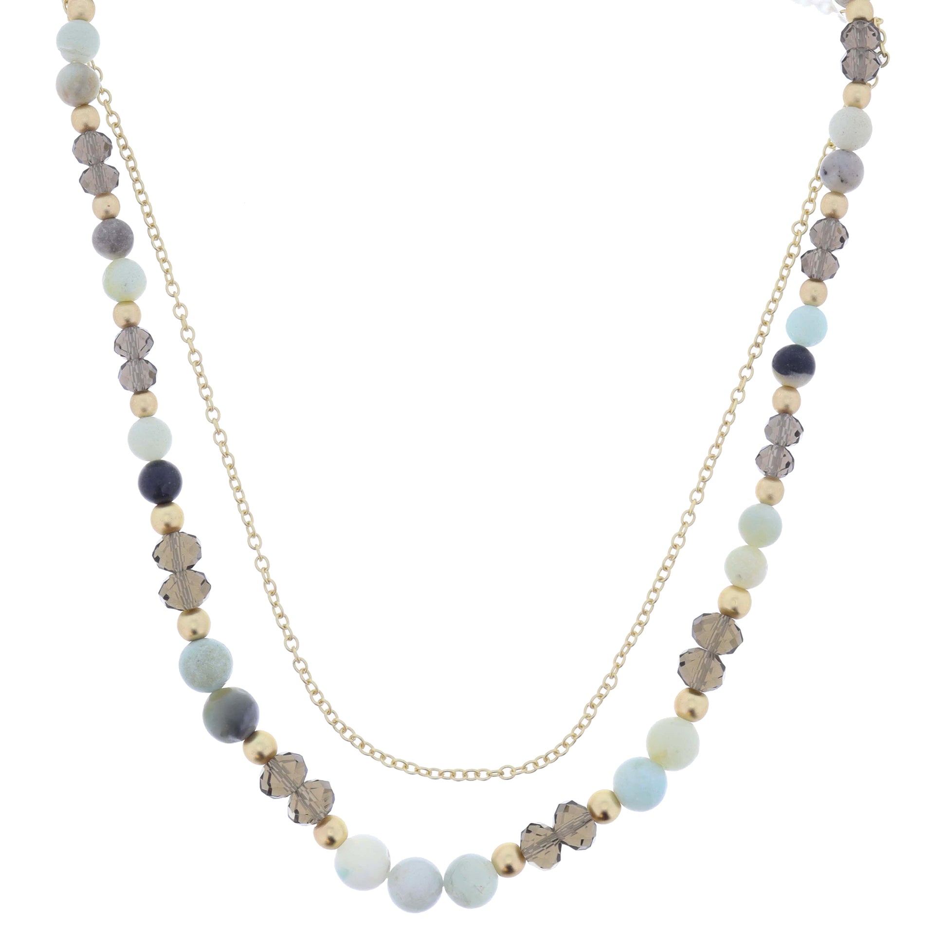 2 Strand, Dainty Gold Chain, Amazonite with Gold and Smokey Bead Accents Necklace