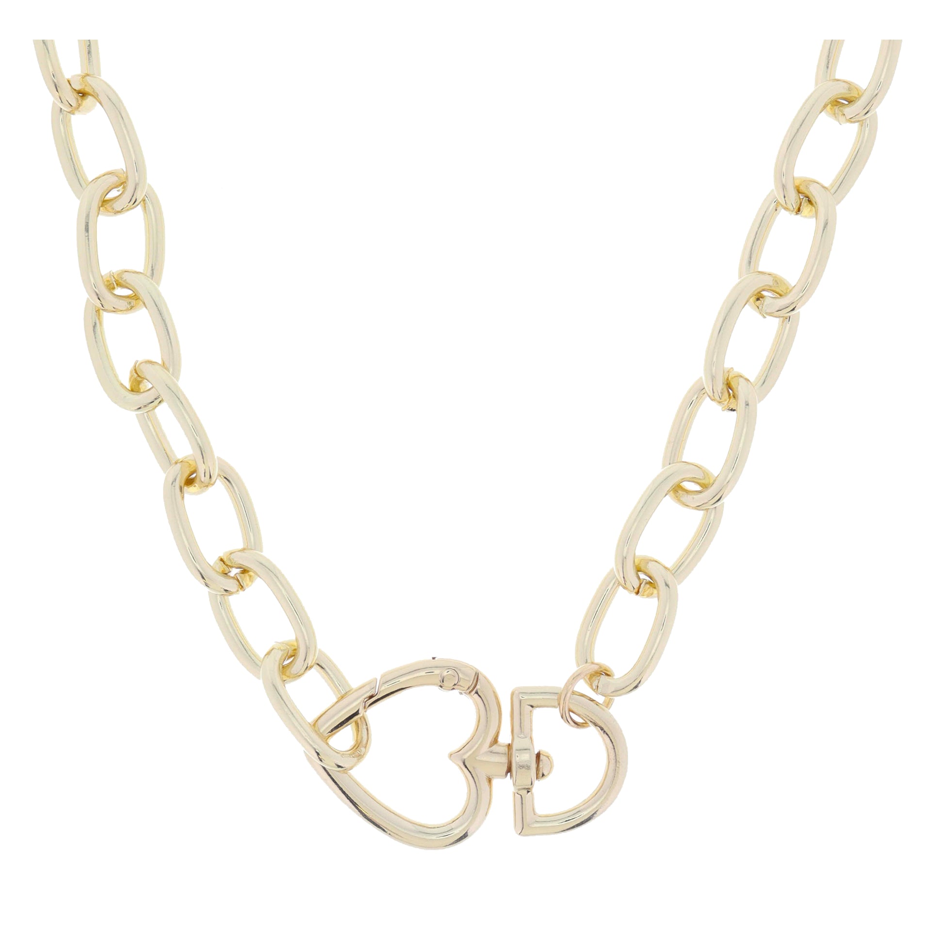 Shiny Gold Chunky Oval Link Chain with Heart Shaped Latch Clasp Necklace