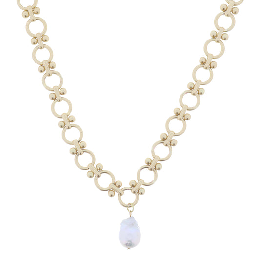 Matte Gold Ball Pin Joint Circle Link Chain with Drop Pearl Necklace