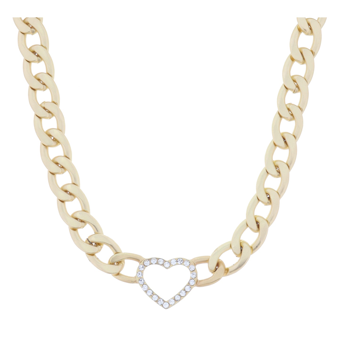 Matte Gold Chunky Curb Chain with Crystal Lined Open Heart Necklace