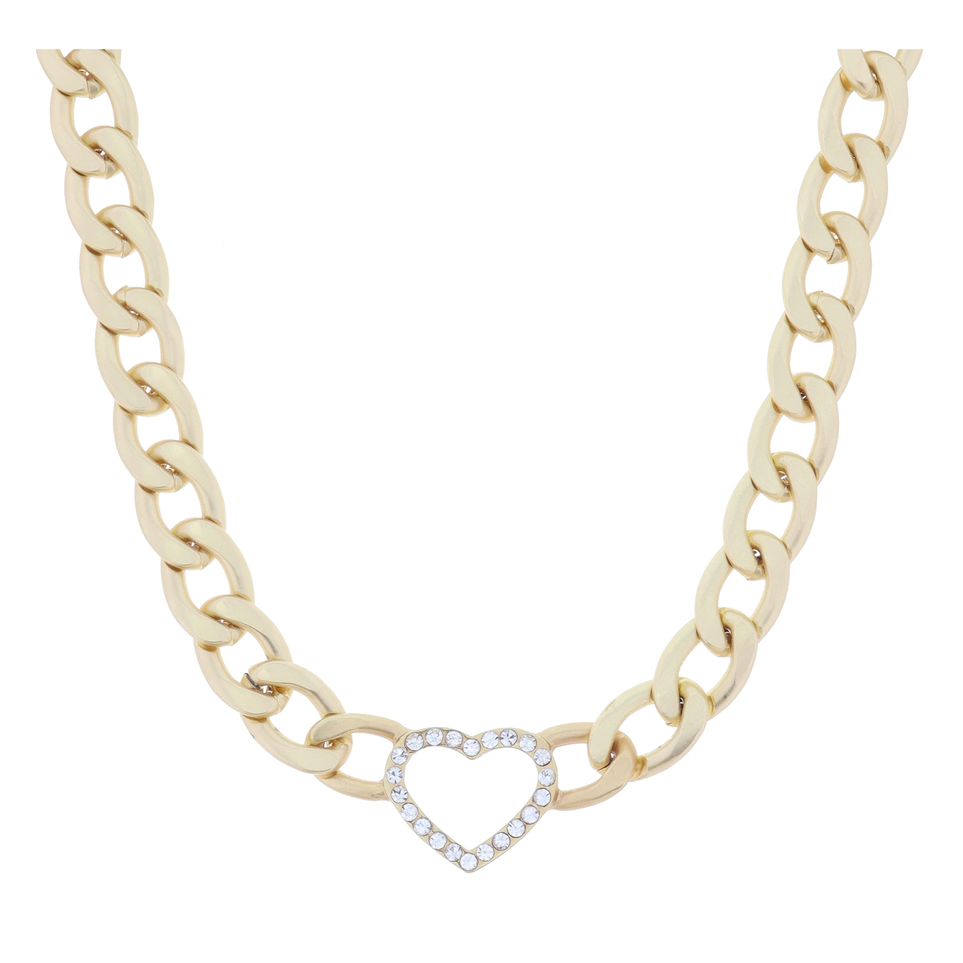 Matte Gold Chunky Curb Chain with Crystal Lined Open Heart Necklace