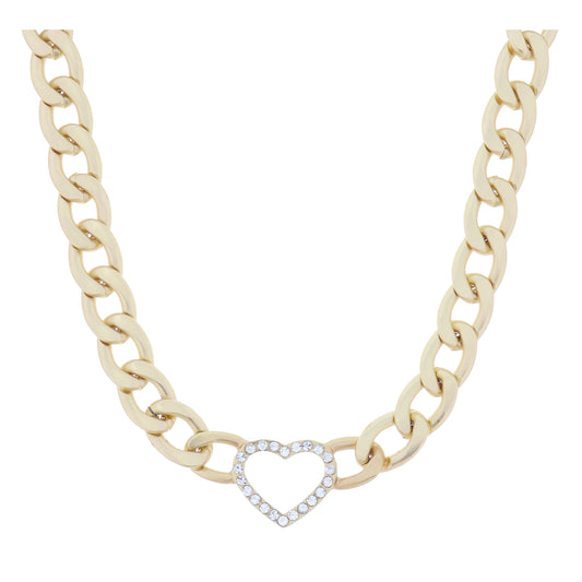 Matte Gold Chunky Curb Chain with Crystal Lined Open Heart Necklace