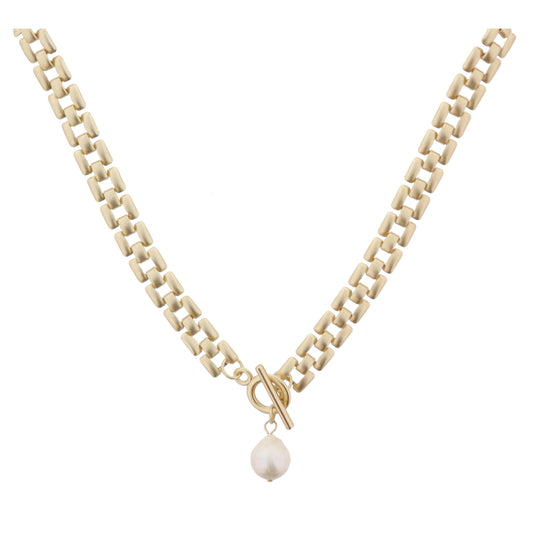 Matte Gold Presidential Chain with Toggle and Drop Pearl Necklace