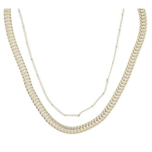 2 Strand, Shiny Gold Satellite Chain, Matte Gold Chunky Flat Wheat Chain Necklace
