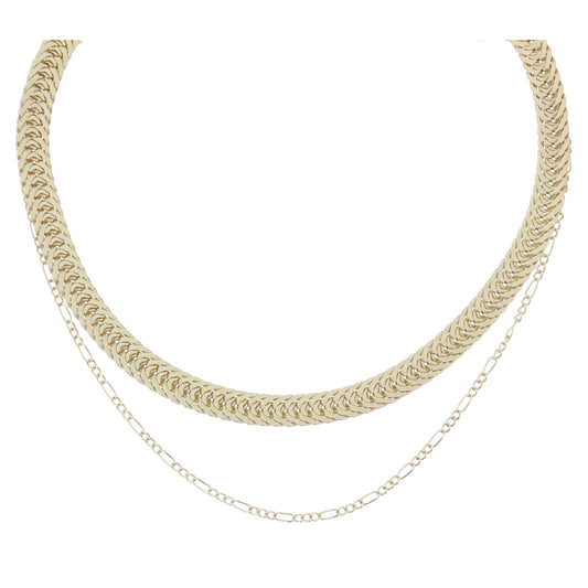 2 Strand, Matte Gold Chunky Flat Wheat Gold Chain, Shiny Gold Figaro Chain Necklace