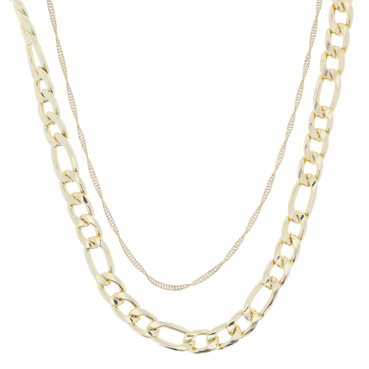 2 Strand, Matte Gold Singapore Chain, Shiny Gold Chunky Figaro Chain Necklace