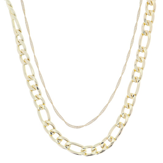 2 Strand, Matte Gold Singapore Chain, Shiny Gold Chunky Figaro Chain Necklace