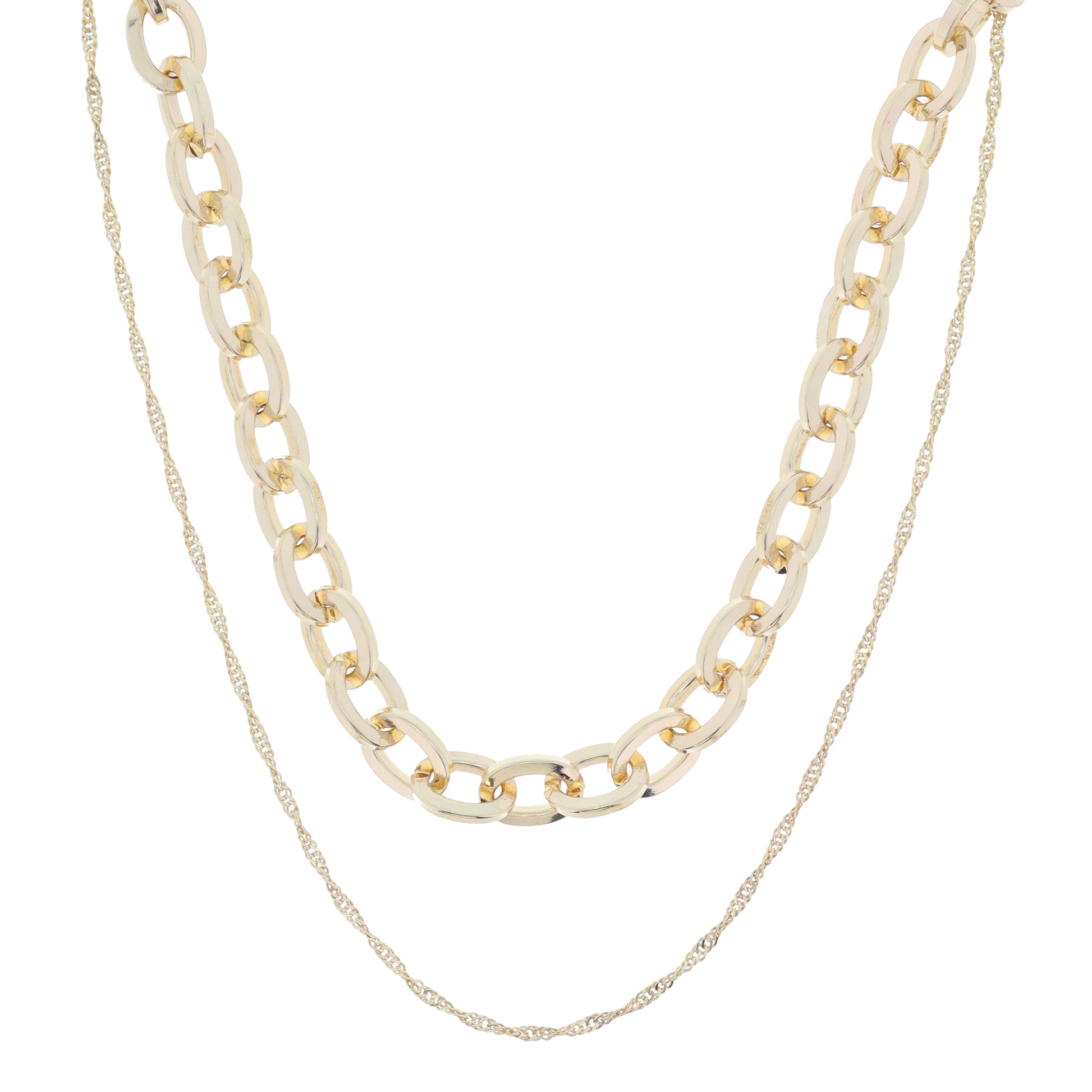 2 Strand, Shiny Gold Chunky Cable Chain, Shiny Gold Singapore Chain Necklace