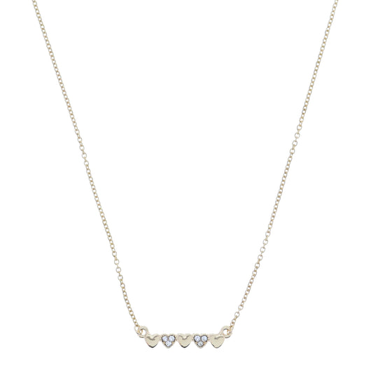 16" Mini Gold Hearts and Crystal Hearts Bar Necklace, 3" Ext