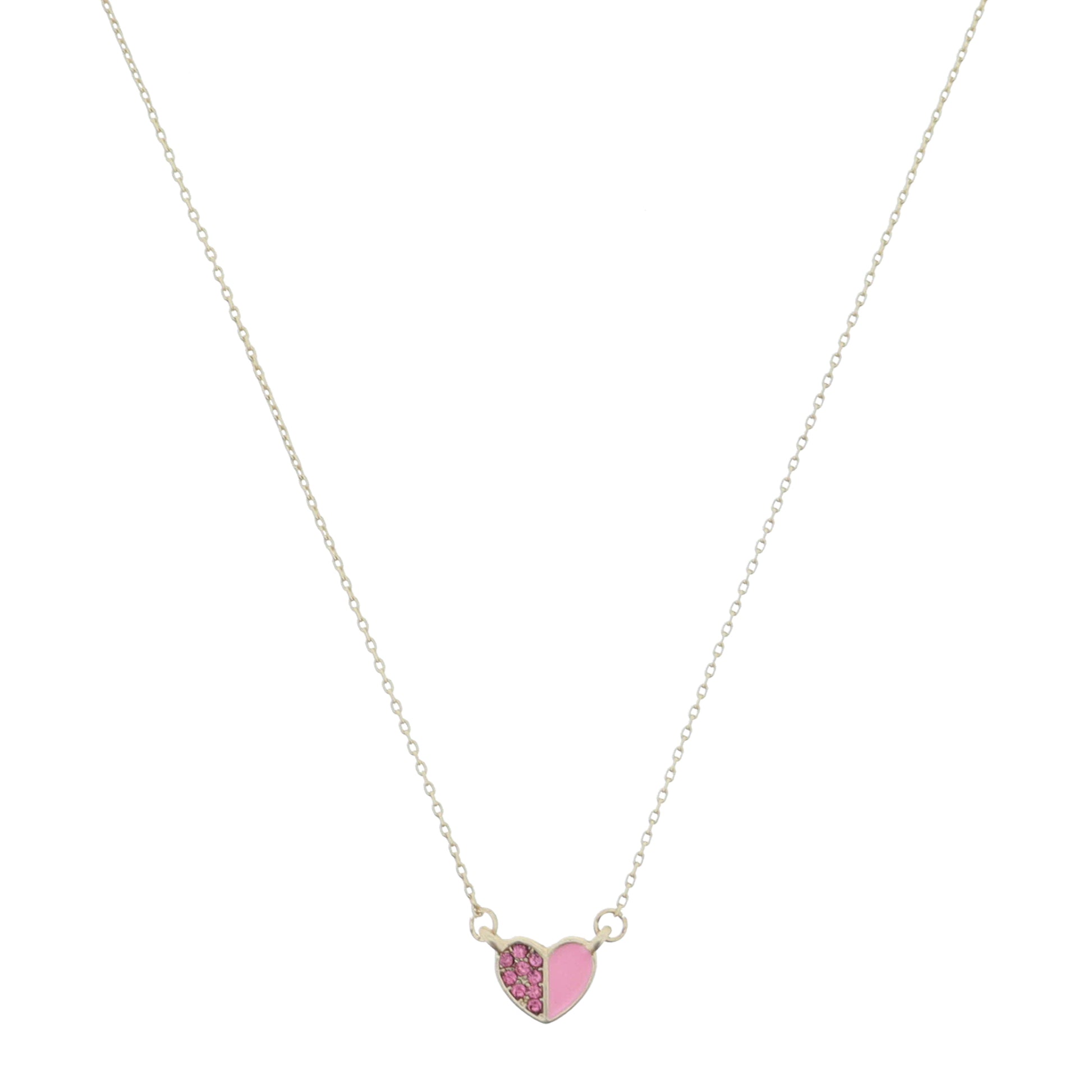 Kids 14" Half Pink Crystal Pave and Half Pink Enamel Heart Necklace, 3" Ext