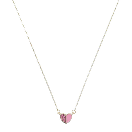 Kids 14" Half Pink Crystal Pave and Half Pink Enamel Heart Necklace, 3" Ext