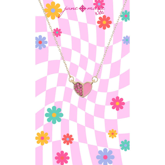 Kids 14" Half Pink Crystal Pave and Half Pink Enamel Heart Necklace, 3" Ext