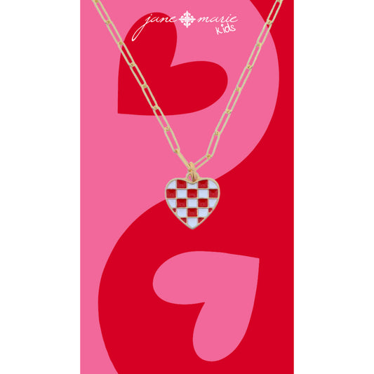 Kids 14" Red and White Checkered Enamel Heart Necklace, 3" Ext