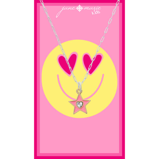 Kids 14" Pink Enamel Star with Mini Clear Crystal Heart Necklace, 3" Ext