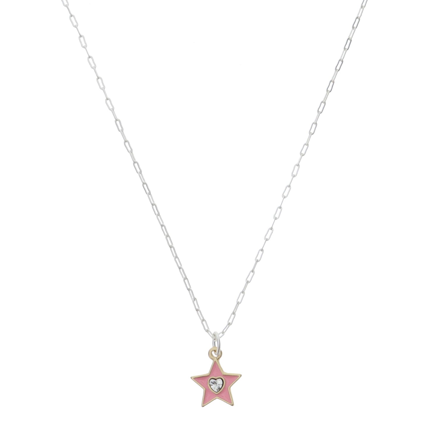 Kids 14" Pink Enamel Star with Mini Clear Crystal Heart Necklace, 3" Ext