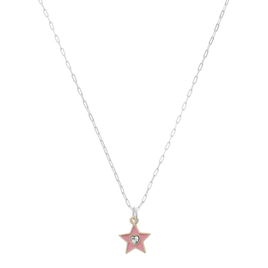 Kids 14" Pink Enamel Star with Mini Clear Crystal Heart Necklace, 3" Ext