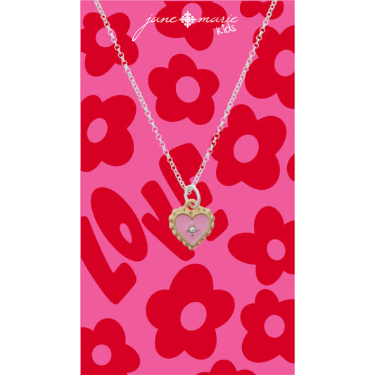 Kids 14" Light Pink Enamel Heart with Mini Crystal Accent and Gold Stud Edge Necklace, 3" Ext