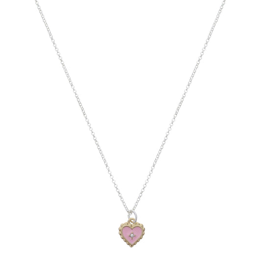 Kids 14" Light Pink Enamel Heart with Mini Crystal Accent and Gold Stud Edge Necklace, 3" Ext
