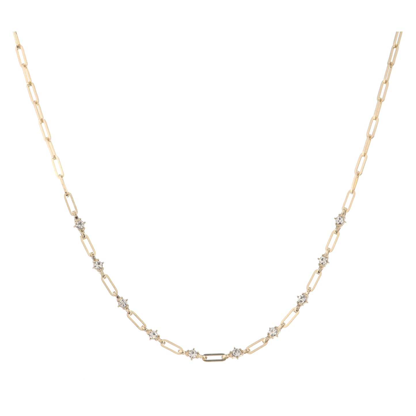 Gold Paperclip Chain with Crystal Stations Necklace, 3" Ext