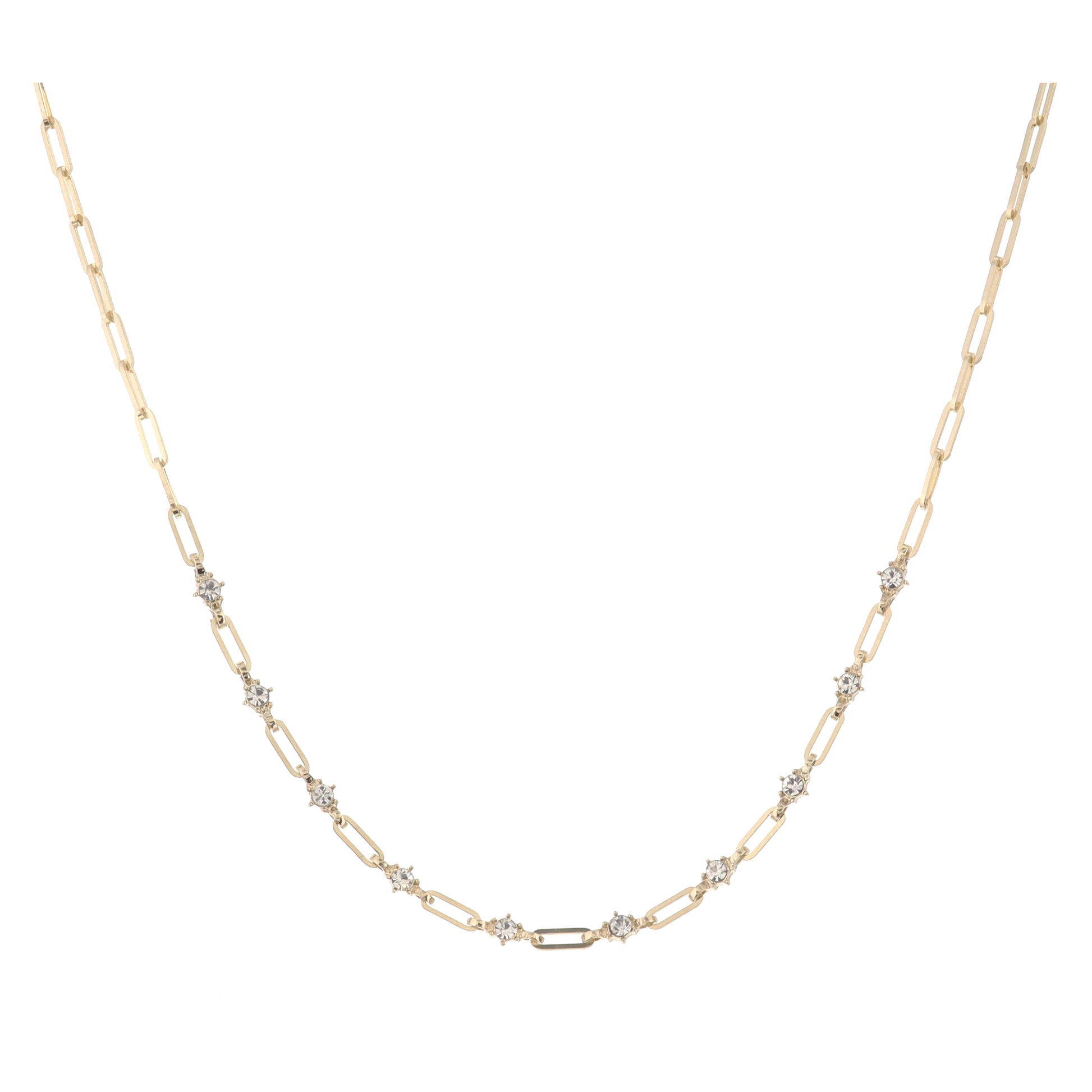 Gold Paperclip Chain with Crystal Stations Necklace, 3" Ext