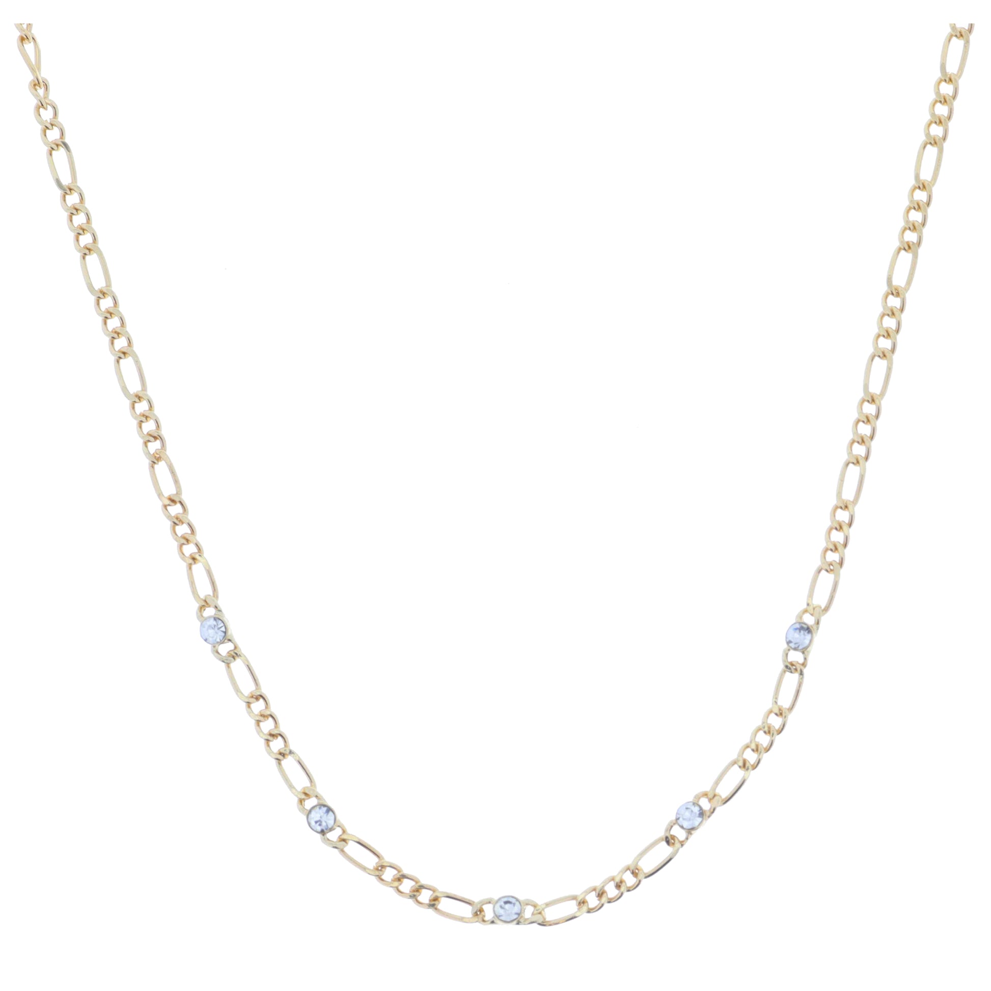 Gold Figaro Chain with Crystal Stations Necklace, 3" Ext