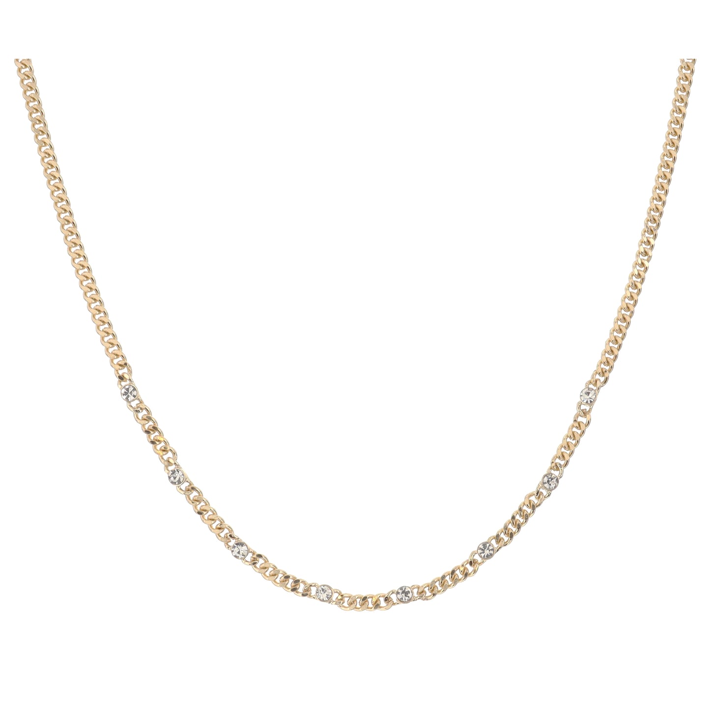 Gold Curb Chain with Crystal Stations Necklace, 3" Ext