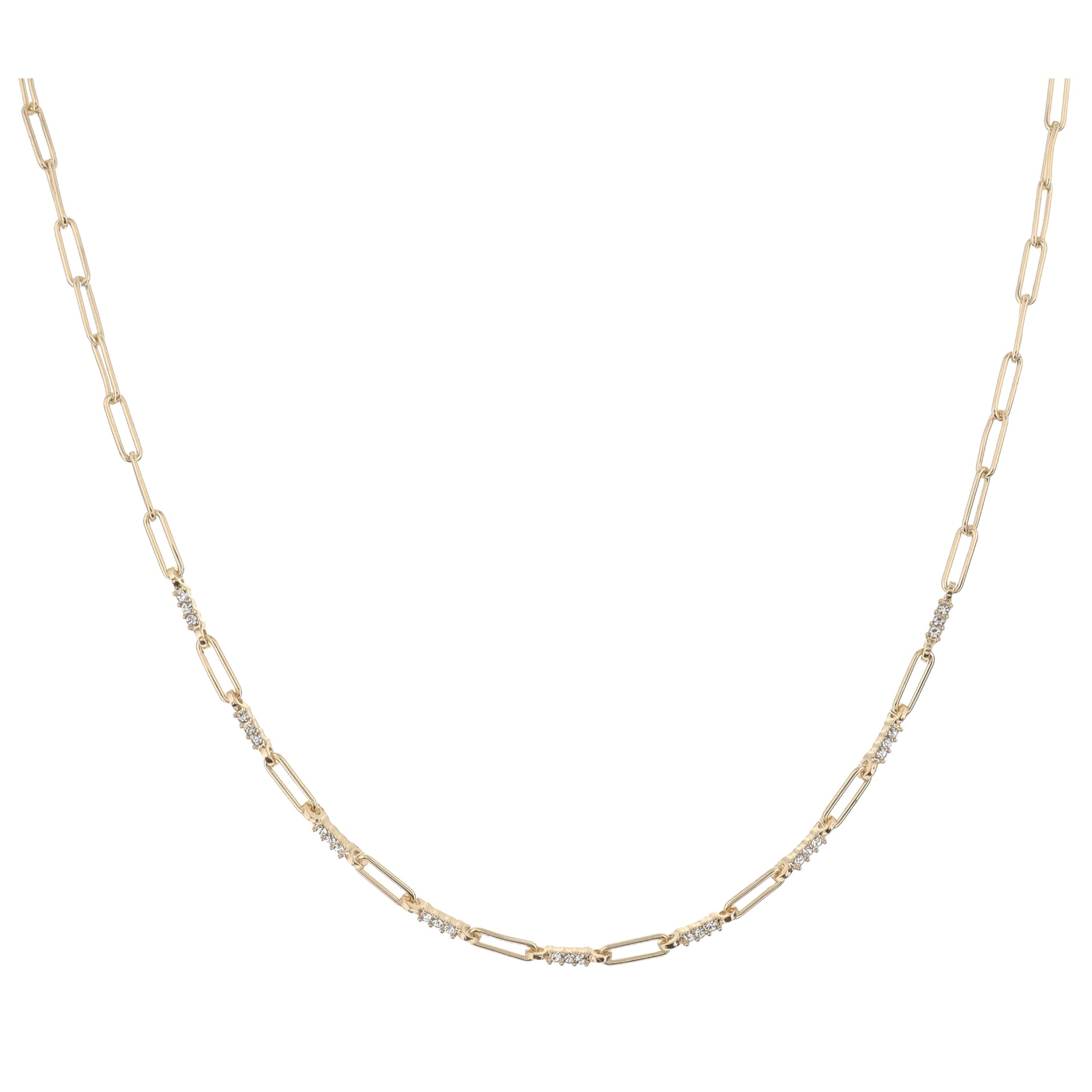 Gold Paperclip Chain with Mini Crystal Bar Linking Stations Necklace, 3" Ext