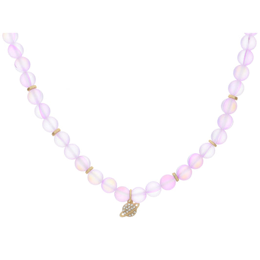 Kids Lavender Opal Beaded with Crystal Pave Gold Planet Necklace