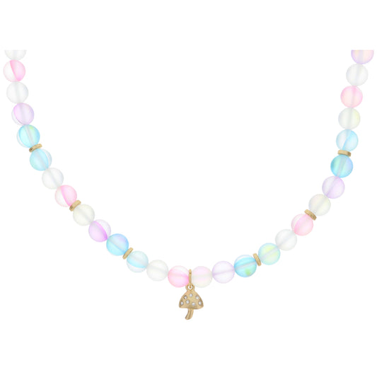 Kids Multi Opal Beaded with Crystal Accented Gold Mushroom Necklace