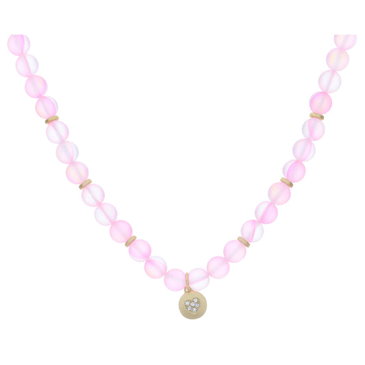 Kids Pink Opal Beaded with Crystal Heart Gold Disc Necklace