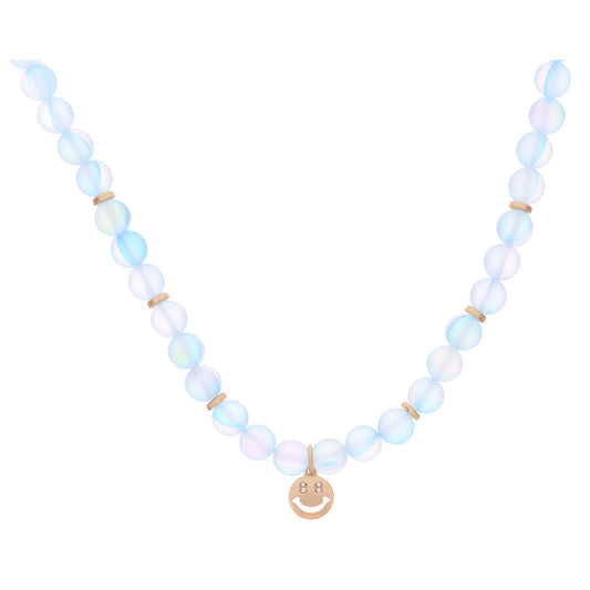 Kids Aqua Opal Beaded with Crystal Eyed Happy Face Disc Necklace