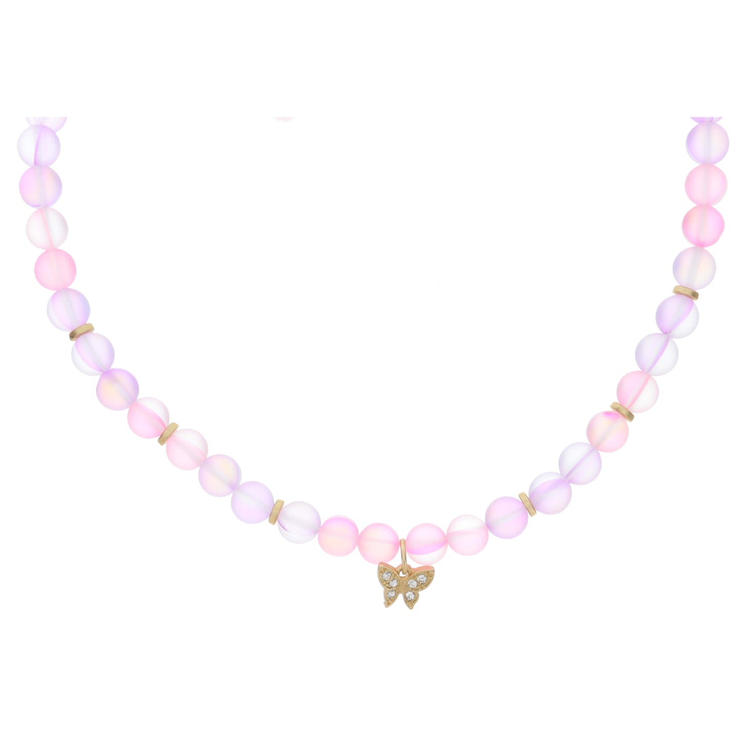 Kids Multi Lavender and Pink Opal Beaded with Crystal Accented Gold Butterfly Necklace