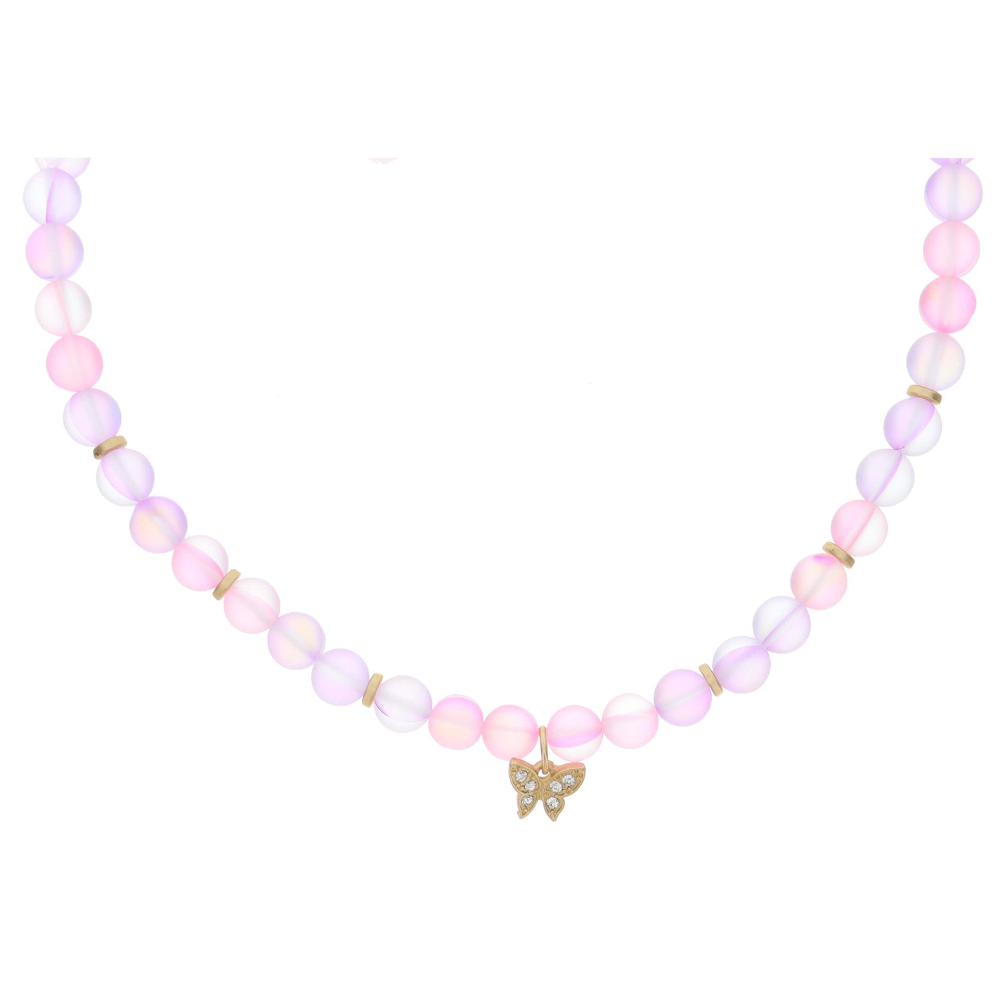 Kids Multi Lavender and Pink Opal Beaded with Crystal Accented Gold Butterfly Necklace