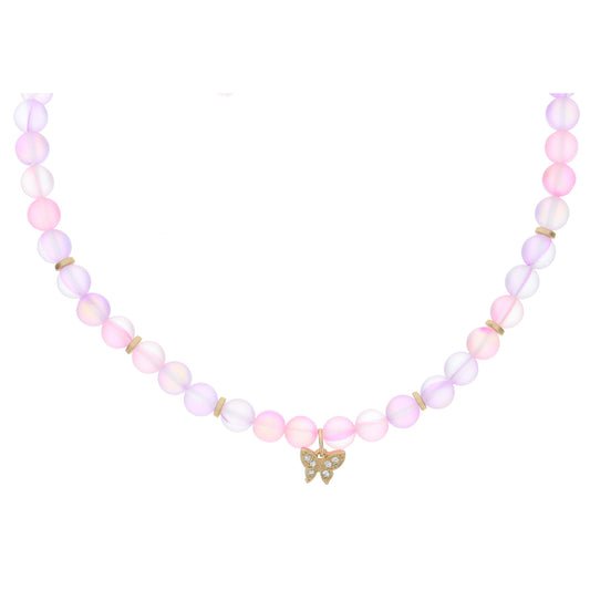 Kids Multi Lavender and Pink Opal Beaded with Crystal Accented Gold Butterfly Necklace