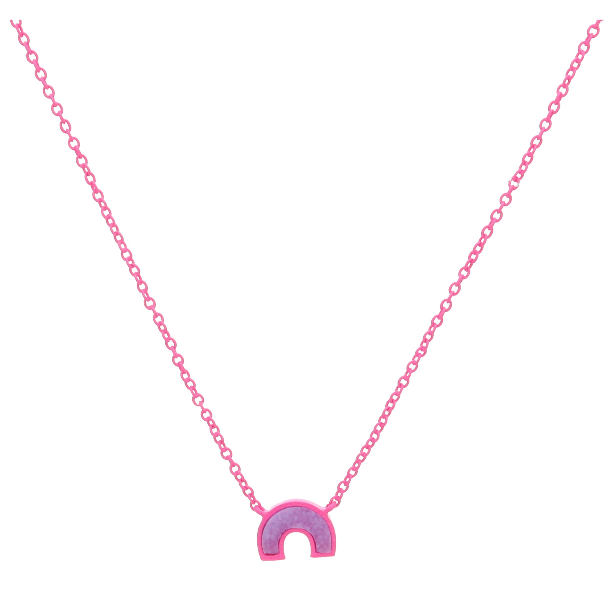 Kids Hot Pink Enamel Chain and Encasing with Lavender Druzy Rainbow Arch Necklace