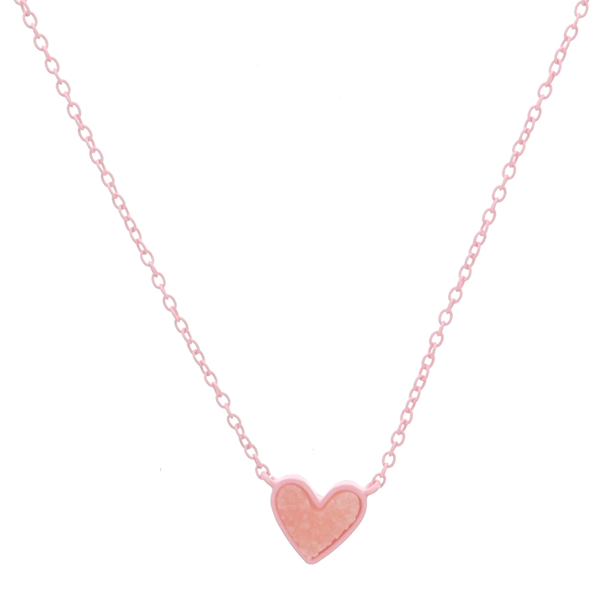Kids Light Pink Enamel Chain and Encasing with Light Pink Druzy Heart Necklace