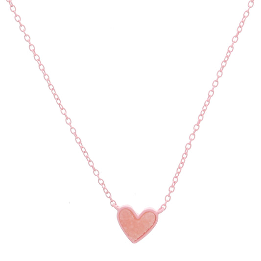 Kids Light Pink Enamel Chain and Encasing with Light Pink Druzy Heart Necklace