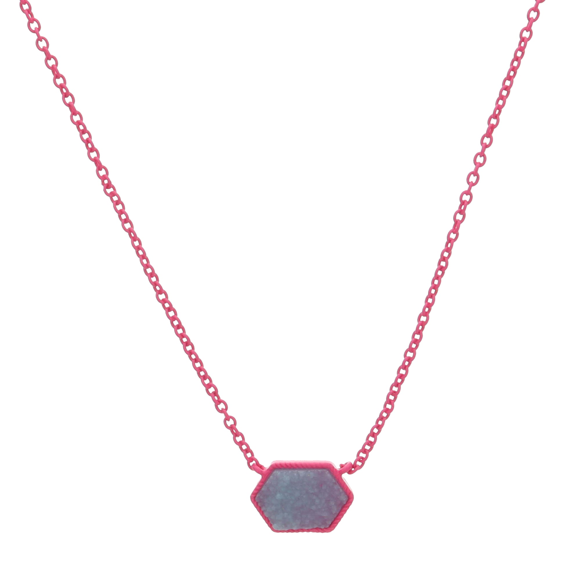 Kids Dark Pink Enamel Chain and Encasing with Aqua Druzy Hexagon Necklace